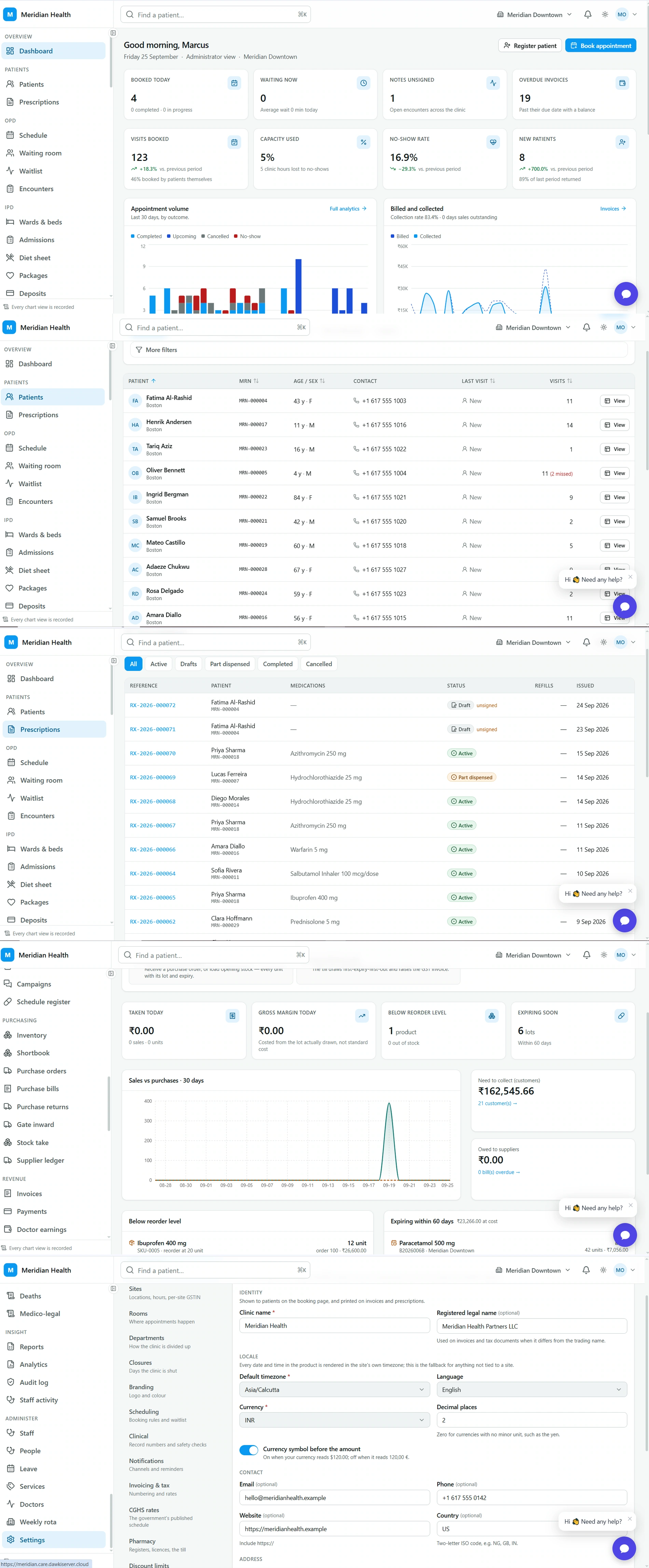 Five screens of Meridian Health in sequence: the administrator dashboard with booked, waiting, unsigned notes and overdue invoices; the patient list with MRN, age, contact and visit count; the prescription list with medication and dispensing state; the pharmacy and purchasing view with margin, reorder levels and expiring lots; and clinic settings for identity, locale, currency and contact