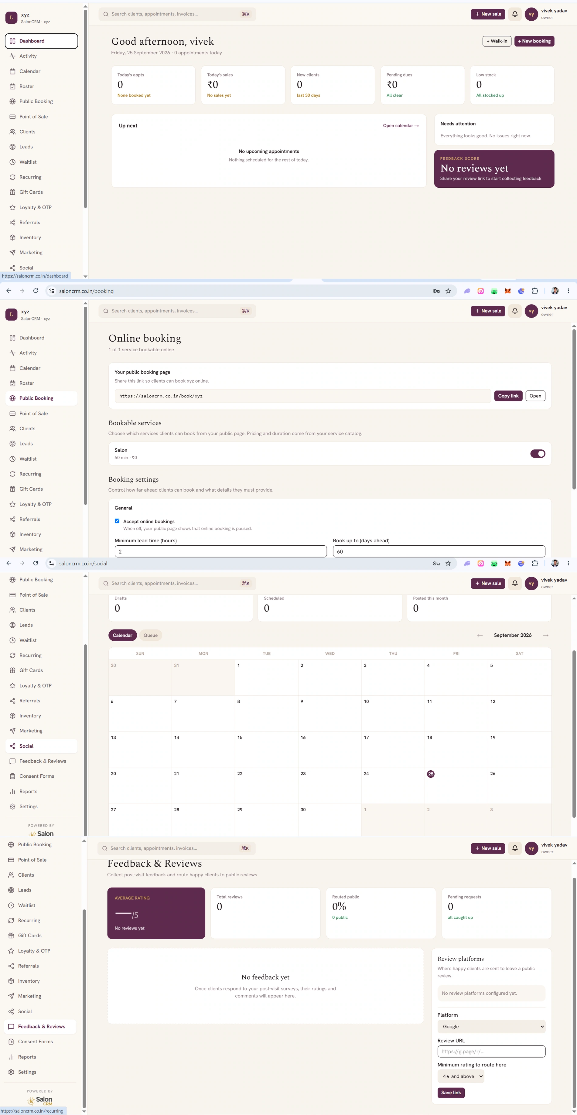 Four screens of SalonCRM in sequence: the dashboard with today's appointments, sales, new clients, pending dues and low stock; online booking with the public page link, bookable services and booking rules; the social content calendar; and feedback and reviews with average rating and review-platform routing
